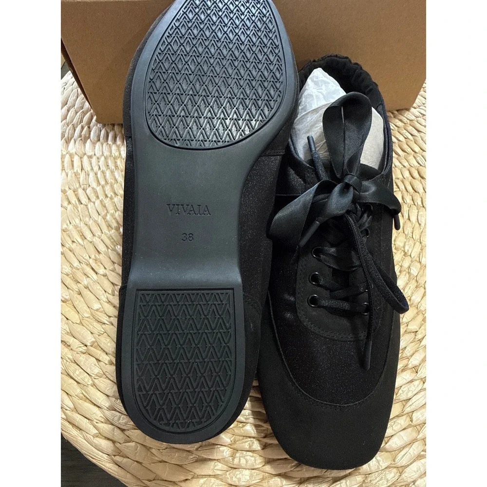 VIVAIA Black Cristina Satin Square Toe Lace-Up Barefoot Ballet‎ Flats US/7-7.5